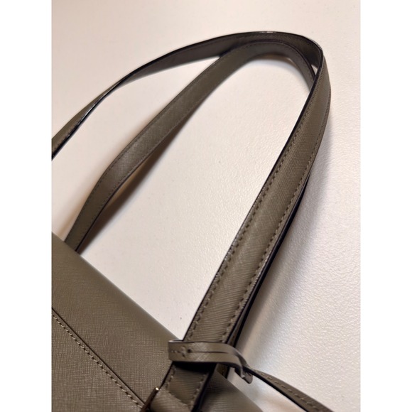 Kate Spade New York Saffiano Leather Tote Bag Olive Green Taupe Striped Lining
